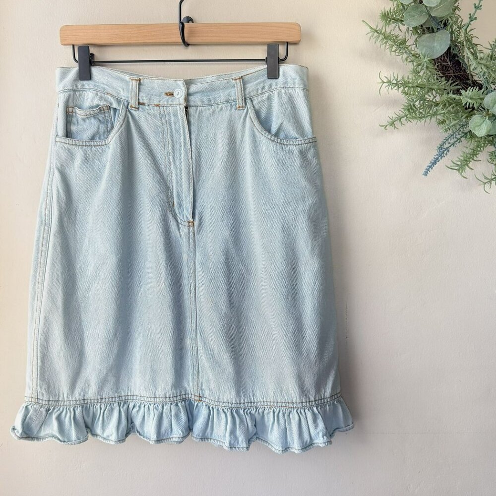 Vintage 90s Bill Blass Jeans Light Wash Denim Ruffle Skirt